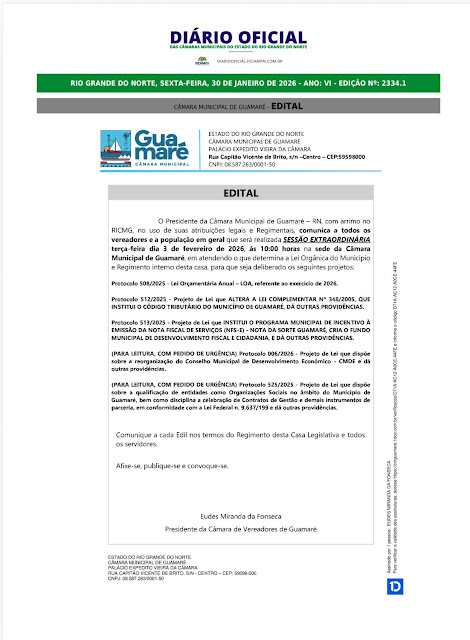 Câmara de Guamaré convoca Sessão Extraordinária para apreciação da LOA 2026 e projetos estratégicos