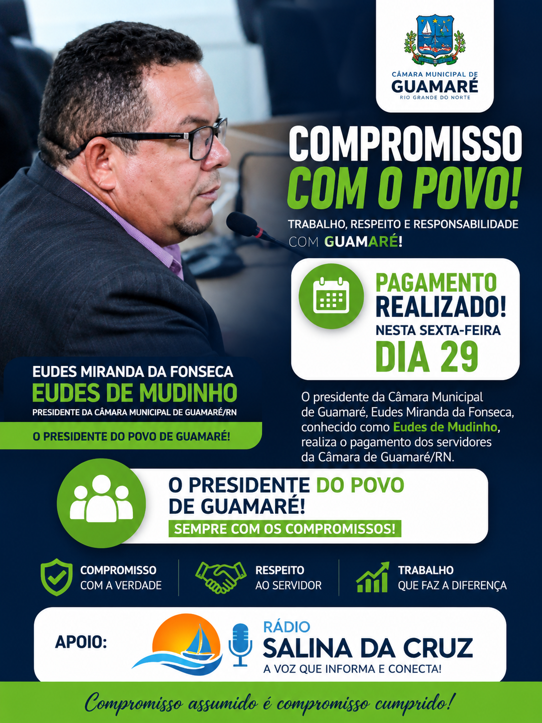 O presidente da Câmara, Eudes Miranda da Fonseca, conhecido como Eudes de Mudinho, realiza nesta sexta-feira, dia 29, o pagamento dos servidores da Câmara de Guamaré/RN. 💰✅