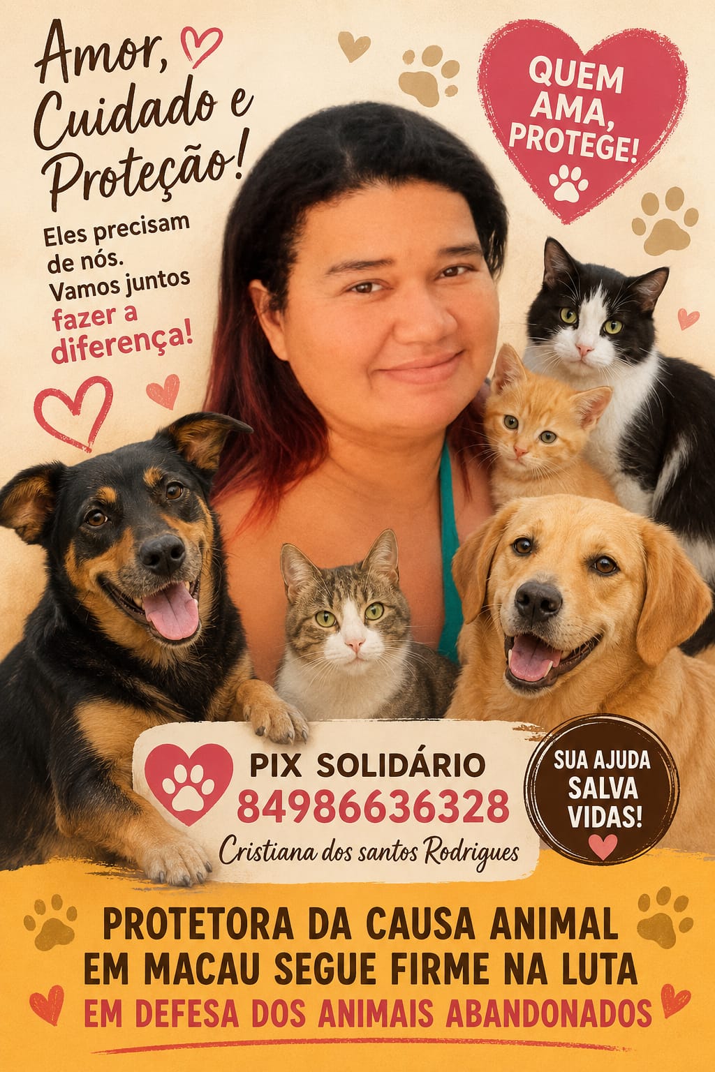 A protetora da causa animal Crys Santos continua realizando um trabalho de grande importância na cidade de Macau, dedicando sua rotina ao resgate e cuidado de animais em situação de abandono.