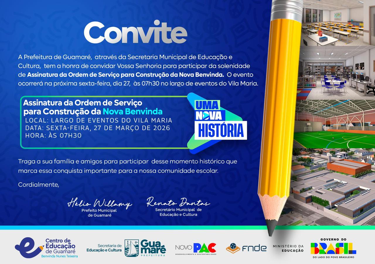 ​É com grande alegria que convidamos você para um momento muito especial para nossa comunidade: a assinatura da ordem de serviço da Nova Escola Benvinda