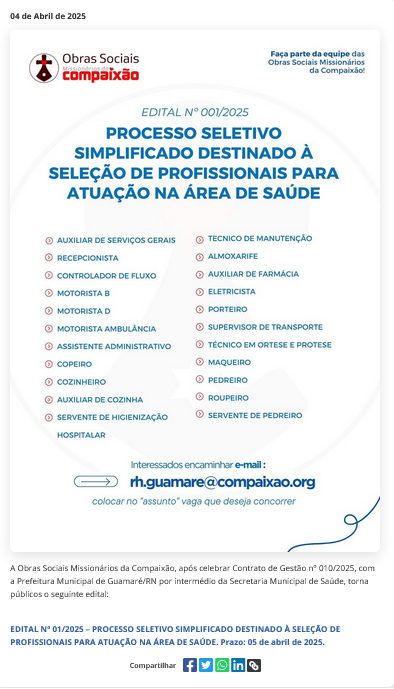 ALÔ. ATENÇÃO. FIQUE ATENTO. CORRA: ORGANIZAÇÃO SOCIAL LANÇA EDITAL PARA PROCESSO SELETIVO COM 284 VAGAS EM GUAMARÉ