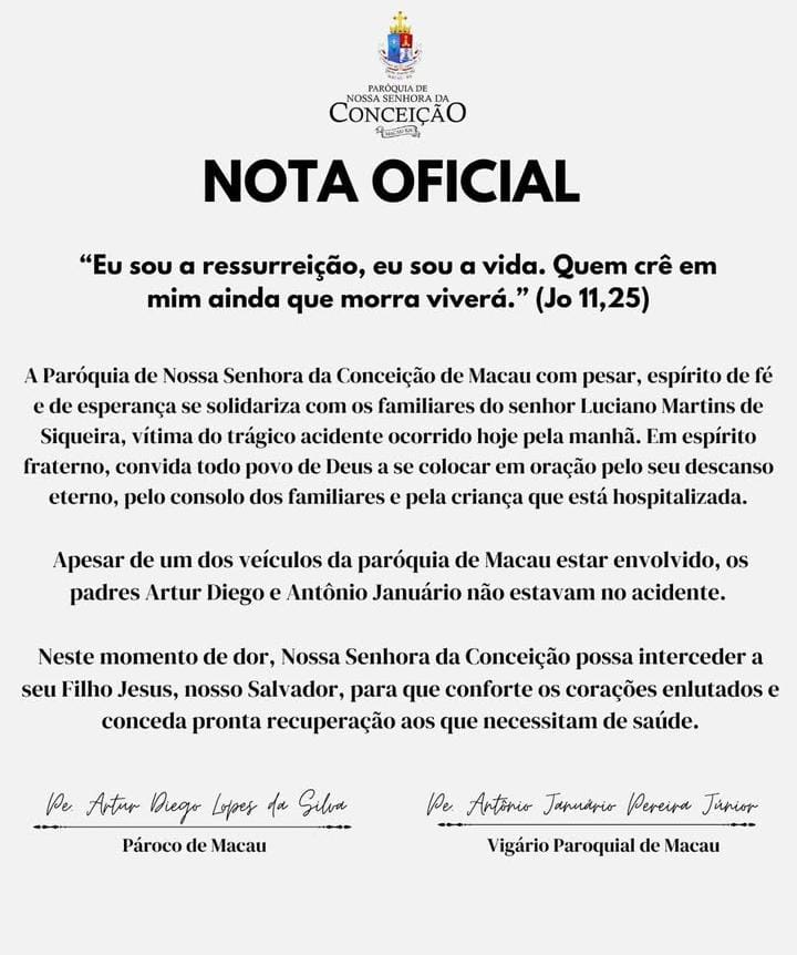 Nesse momento de dor, Paróquia Nossa Senhora da Conceição apresenta Nota Oficial