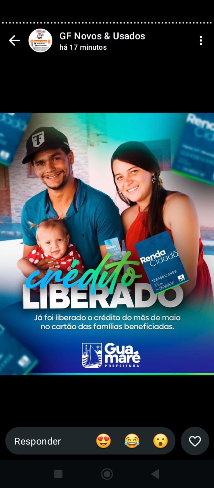 O crédito do mês de maio já está liberado no Cartão Renda para as famílias beneficiadas.