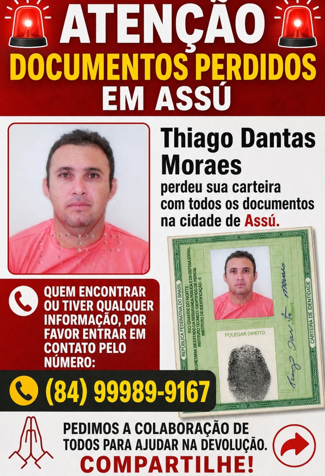 ​Perdi hj me ajude divulgando o senhor te muitos conhecidos  Essa pessoa é um amigo meu,quem souber vier a encontrar esses documentos, por gentileza entrar em contato com o mesmo
