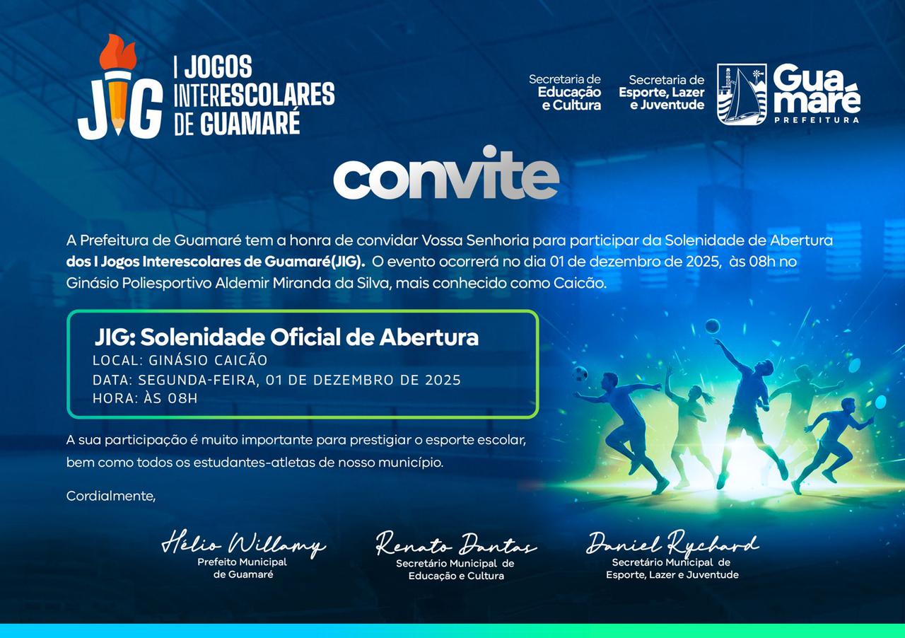 De 01 a 06 de dezembro, nosso município vive uma semana histórica com a primeira edição dos Jogos Interescolares de Guamaré. Será um grande encontro de esporte, integração e alegria entre nossos estudantes.