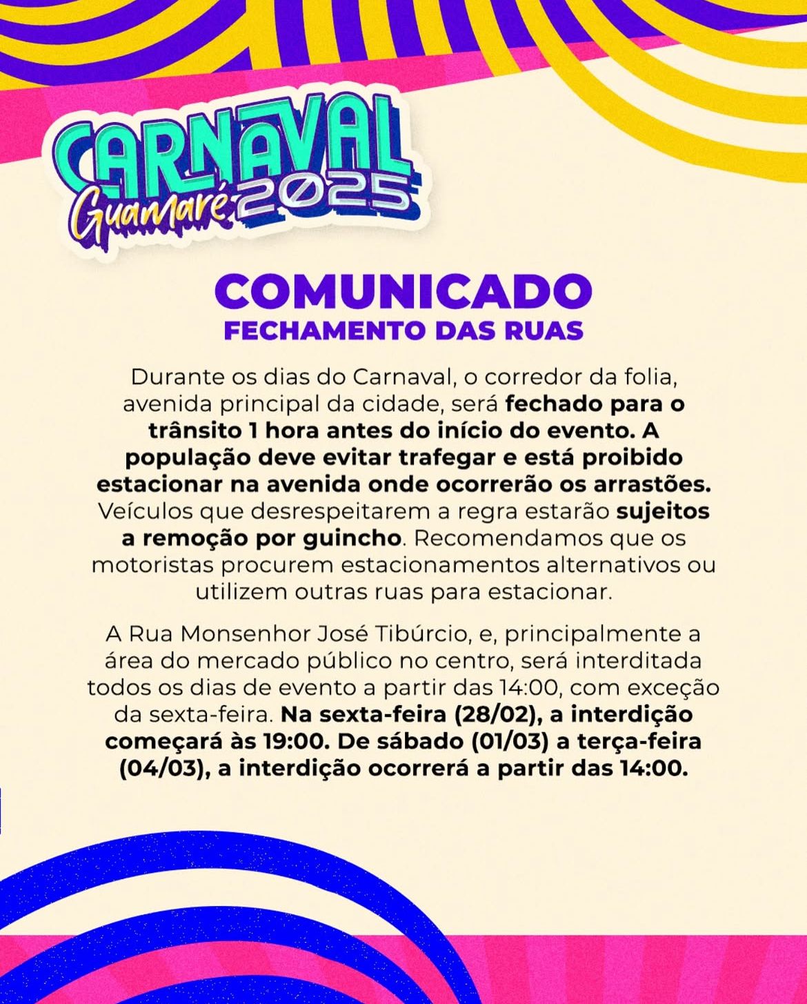 COMUNICADO: PREFEITURA MUNICIPAL DE GUAMARÉ  CARNAVAL 2025